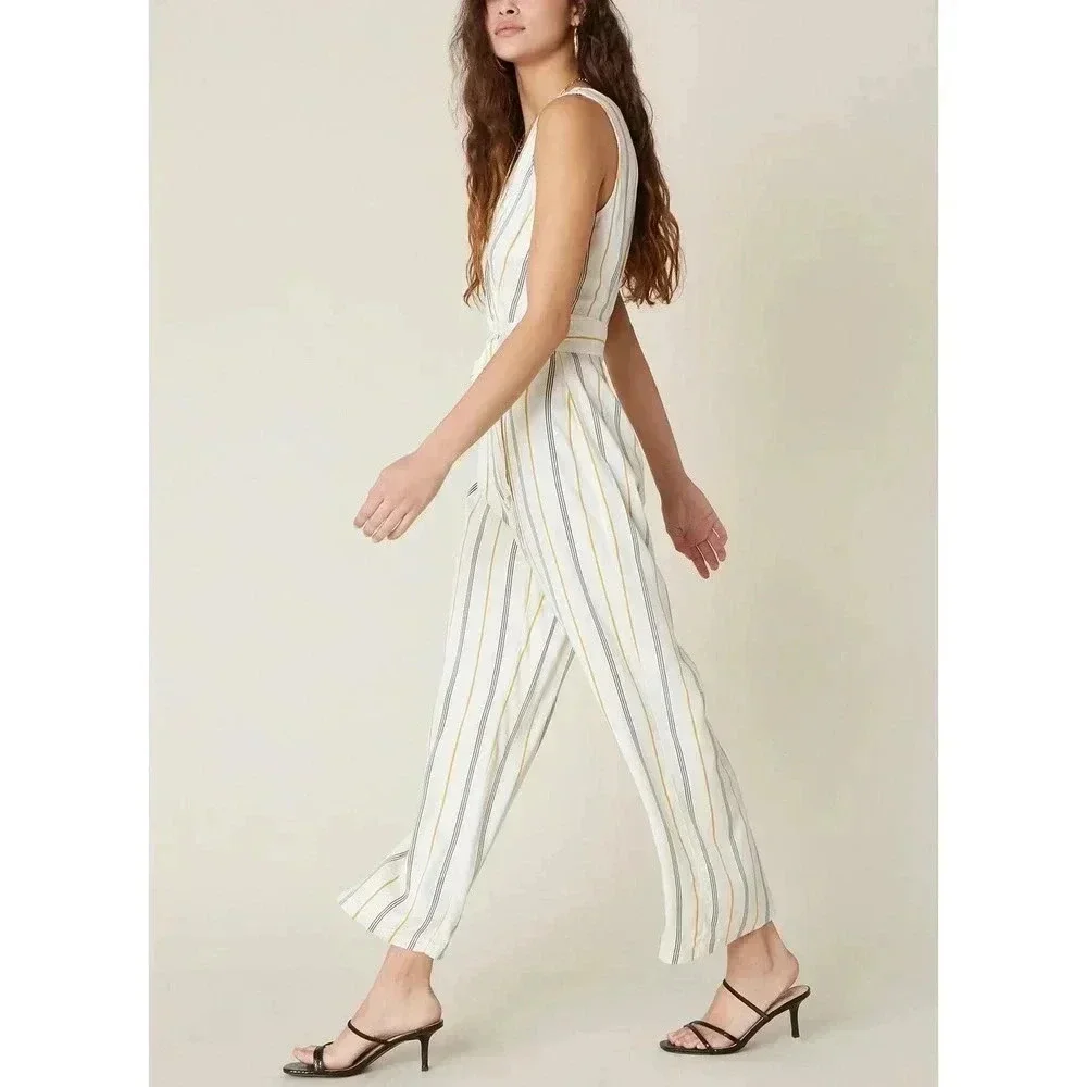 BB Dakota Rayon Belted Jumpsuit -‎ Stripes - White Multi/Ivory